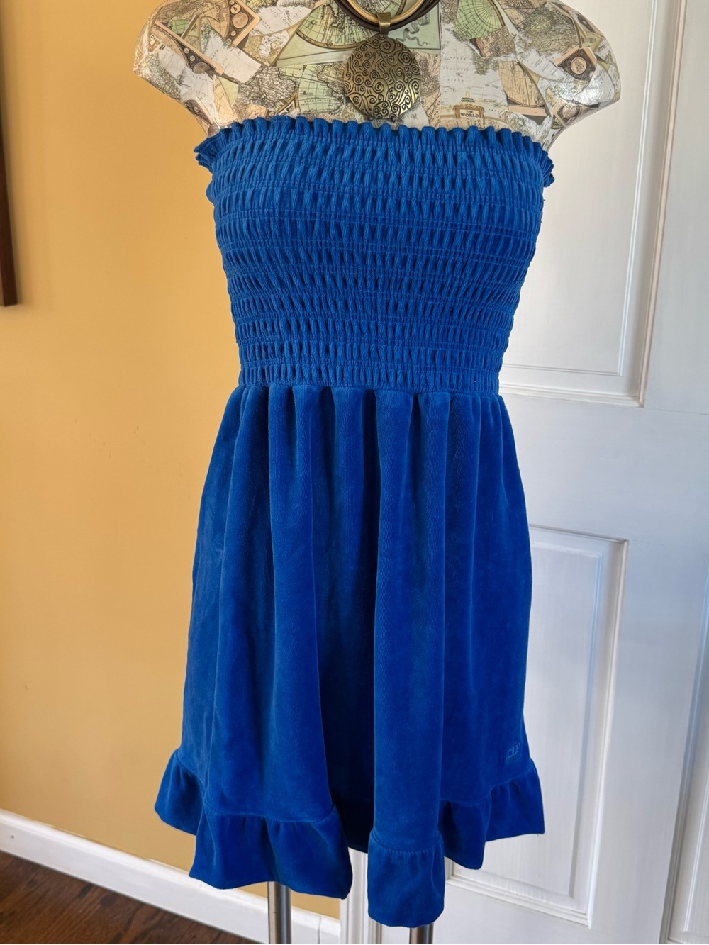 Juicy Couture Y2K Electric Royal Blue Strapless Smocked Velvet Velour Dress M
